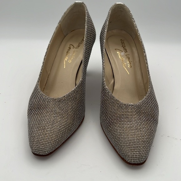 Jacques Levine Couture silver metal screen pointed toe leather pumps 7B - Picture 2 of 9